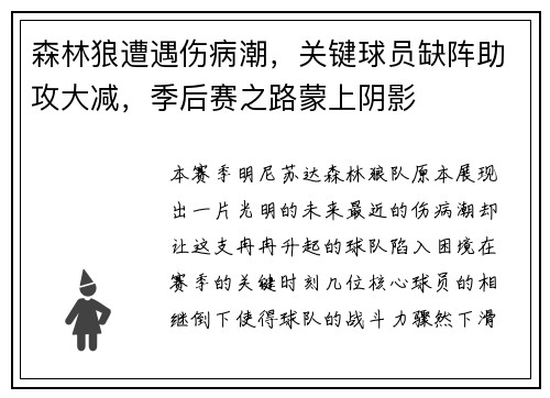 森林狼遭遇伤病潮，关键球员缺阵助攻大减，季后赛之路蒙上阴影