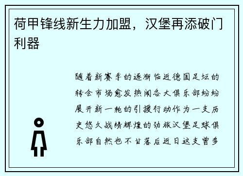 荷甲锋线新生力加盟，汉堡再添破门利器