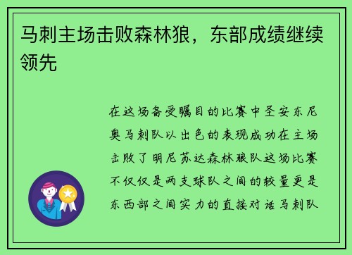 马刺主场击败森林狼，东部成绩继续领先