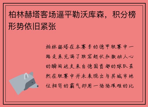 柏林赫塔客场逼平勒沃库森，积分榜形势依旧紧张