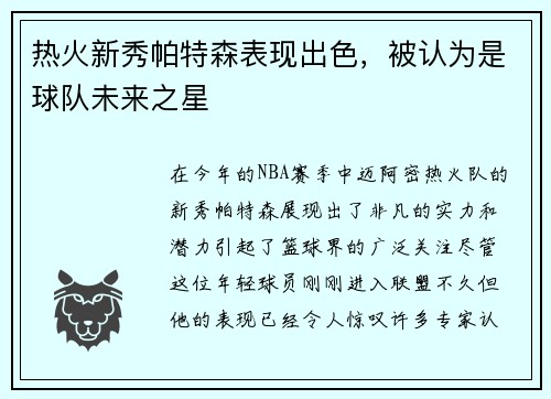 热火新秀帕特森表现出色，被认为是球队未来之星