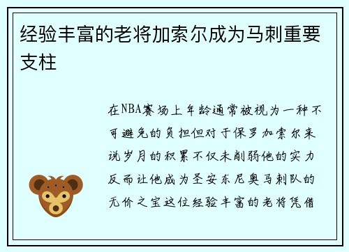 经验丰富的老将加索尔成为马刺重要支柱