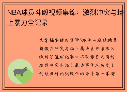 NBA球员斗殴视频集锦：激烈冲突与场上暴力全记录